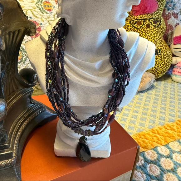 Boho Multi-Strand Purple Beaded Necklace w/ Large Purple Teardrop Pendant - Picture 9 of 10